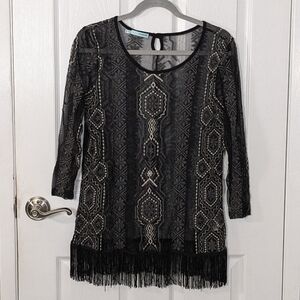 Maurices Embroidered Geometric Black Lace Fringed Tunic Top Size Medium‎
